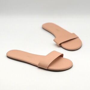 TKEES Alex Leather Slide Sandal Womens 8 Nude Tan Wide Strap Flat Travel Casual